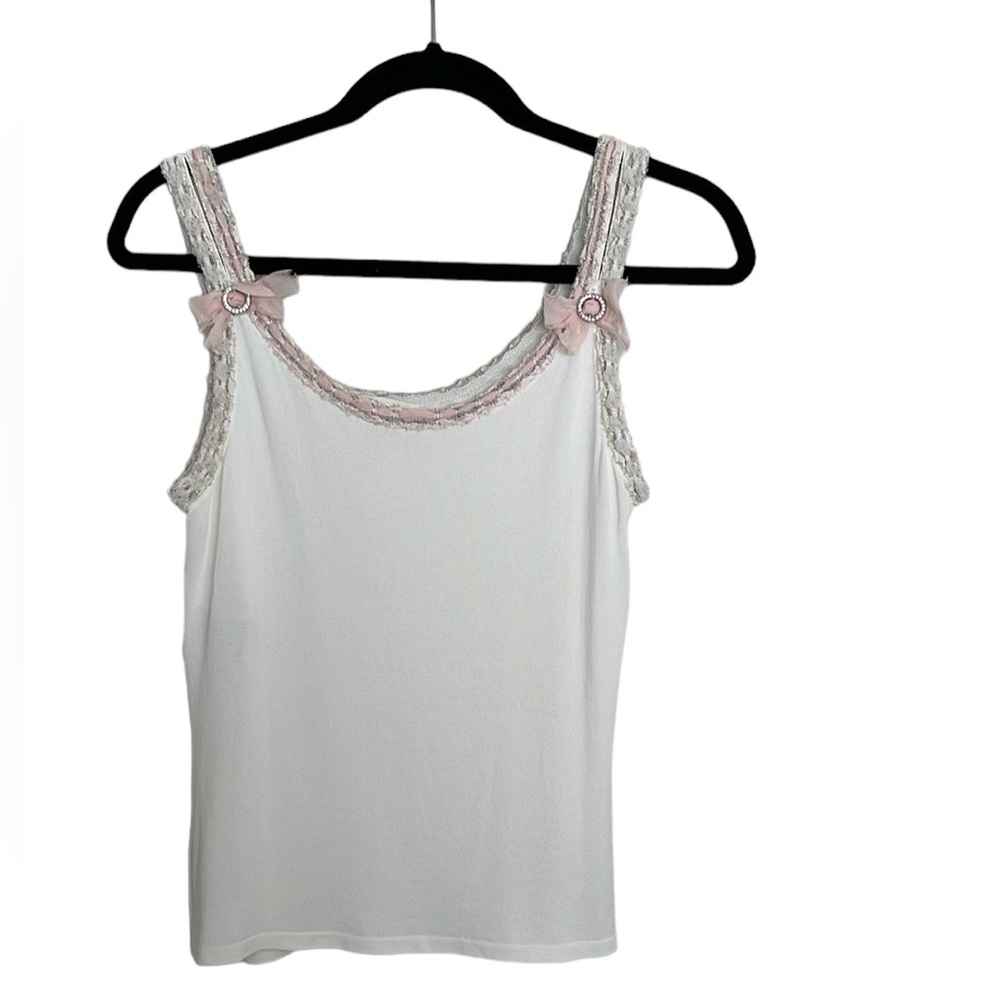 Escada Women’s White Body and Pink Ribbon Rhinestone Bows Shell